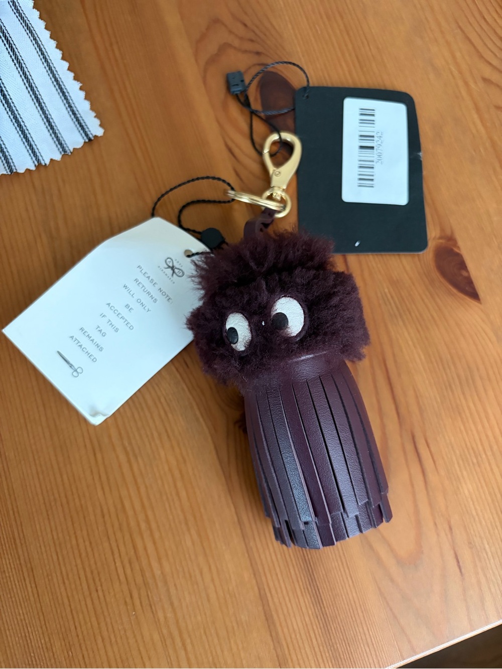 New Anya Hindmarch Burgundy Leather Tassel Shearling Ghost Bag Charm Keychain